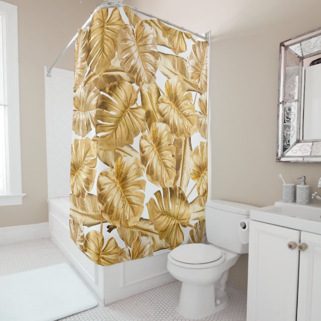 Rideaux De Douche Aloha Tropical Gold Parties scintillant Monstera F (En situation)