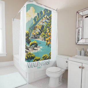 Rideaux De Douche Amalfi Coast Italy Retro Travel Poster Style