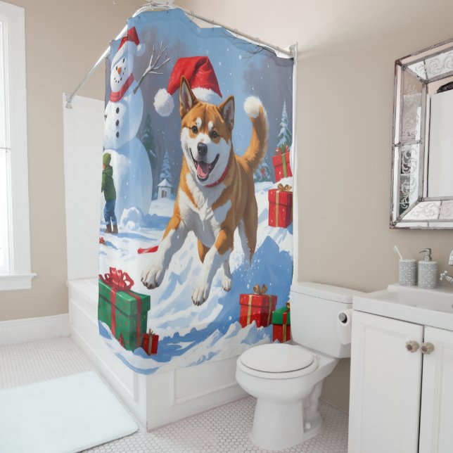 Rideaux De Douche American Akita Noël Festival scène de neige (En situation)