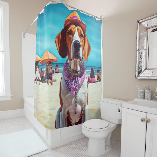 Rideaux De Douche American English Foxhound on Beach, cadeau d'été (En situation)