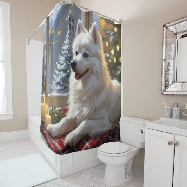 Rideaux De Douche American Eskimo With Christmas Lights Holiday (En situation)