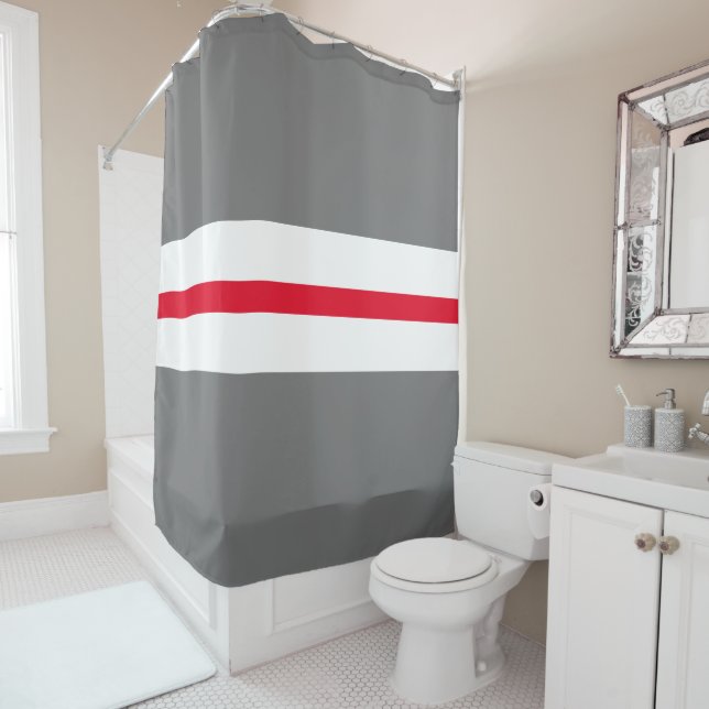 Rideaux De Douche Amusant moderne gris brillant rouge blanc rayures  (En situation)