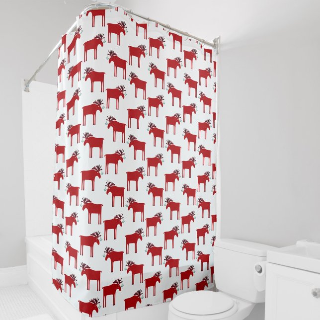Rideaux De Douche Amusant Moose Rouge et Blanc vacances (Fun red and white festive moose or elk with mistletoe pattern shower curtain)