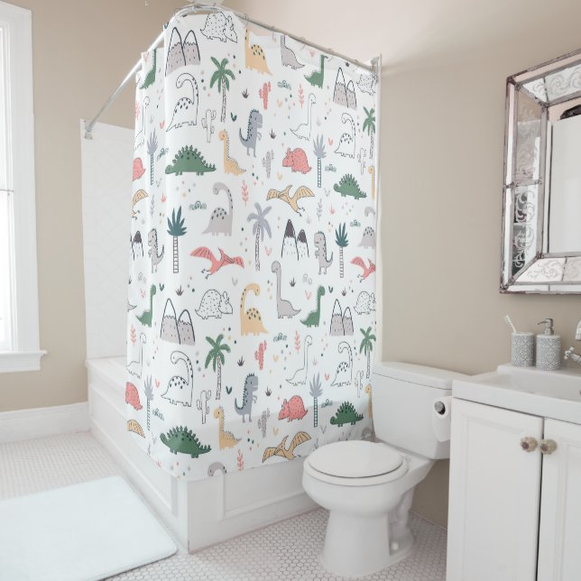 Rideaux De Douche Amusant Pastel Dinosaur Motif de scène (En situation)