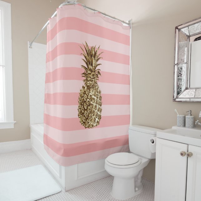 Rideaux De Douche Ananas assez girly élégant d'or et rayure rose (En situation)