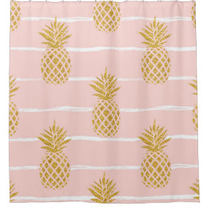 Rideaux De Douche Ananas en or, Arrière - plan d'été rayé.