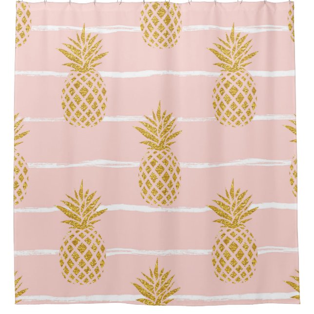 Rideaux De Douche Ananas en or, Arrière - plan d'été rayé. (Devant)