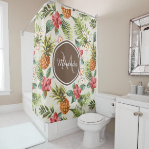 Rideaux De Douche Ananas tropicale exotique Floral Monogramme Brown