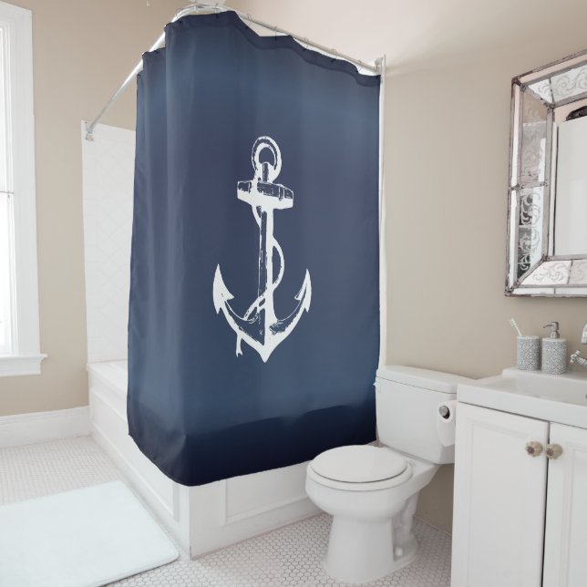 Rideaux De Douche Ancre blanche et Arrière - plan bleu marine (En situation)