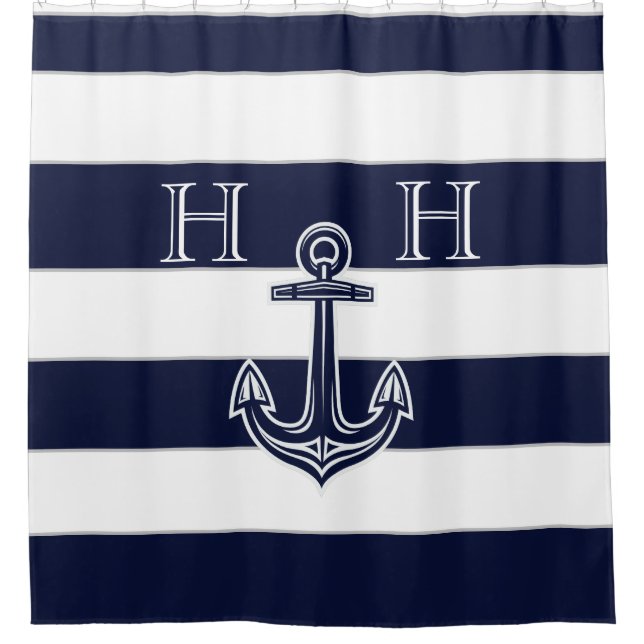 Rideaux De Douche Ancre bleue marine Nom du monogramme rayé (Devant)