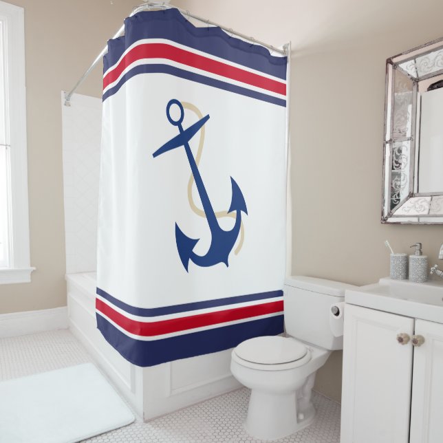 Rideaux De Douche Ancre de la Marine avec des rayures Nautique (En situation)