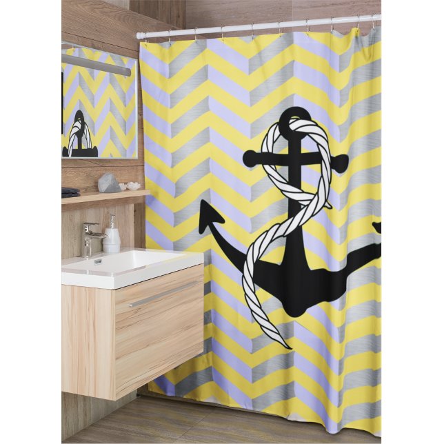 Rideaux De Douche Ancre marine jaune bleu et gris Chevron (Nautical sailing anchor yellow modern shower curtain)