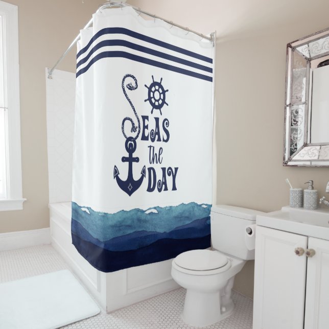 Rideaux De Douche Ancre nautique LA JOURNÉE AQUATIQUE Marine Blanc (En situation)