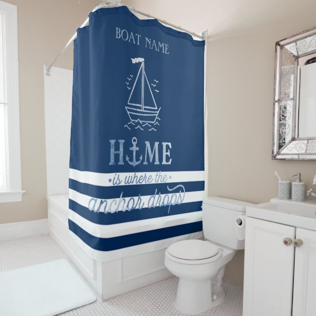 Rideaux De Douche Ancre nautique Marine Blue Striped (En situation)