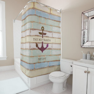 Rideaux De Douche Ancre nautique Nom du bateau en bois rustique Sall