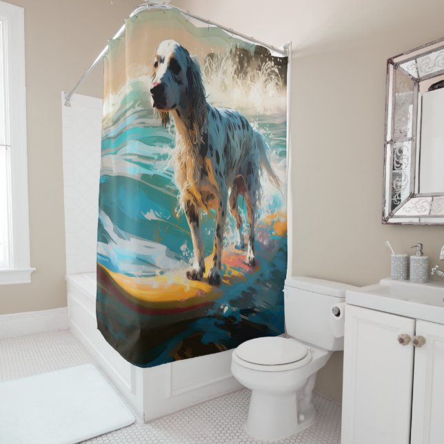 Rideaux De Douche Anglais Setter Beach Surfing Painting (En situation)
