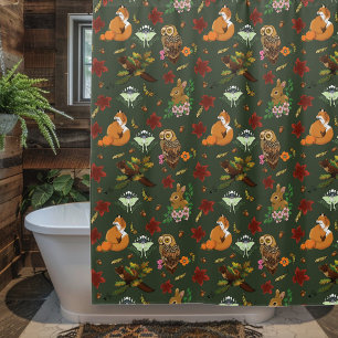Rideaux De Douche Animaux de la forêt boisée automnale Motif vert