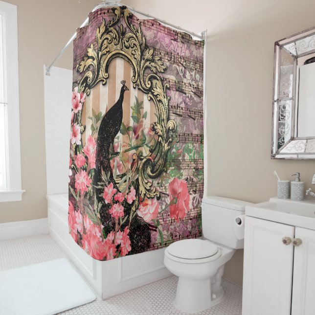 Rideaux De Douche Antique Illustrated Peacock & Flowers Grunge (En situation)
