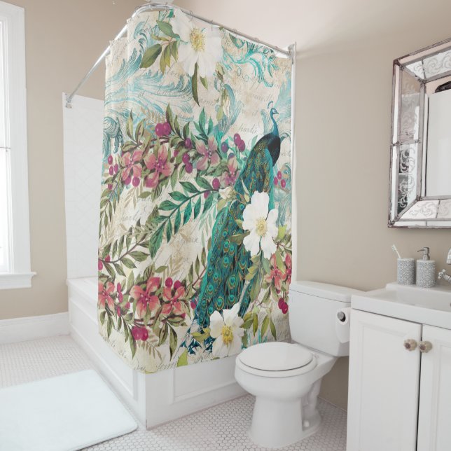 Rideaux De Douche Antique Illustrated Peacock & Flowers Grunge (En situation)