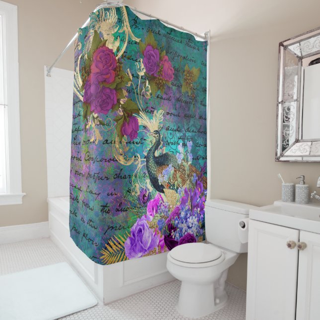 Rideaux De Douche Antique Illustrated Peacock & Flowers Grunge (En situation)