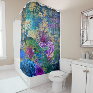 Rideaux De Douche Antique Illustré Paon & Fleurs Grunge