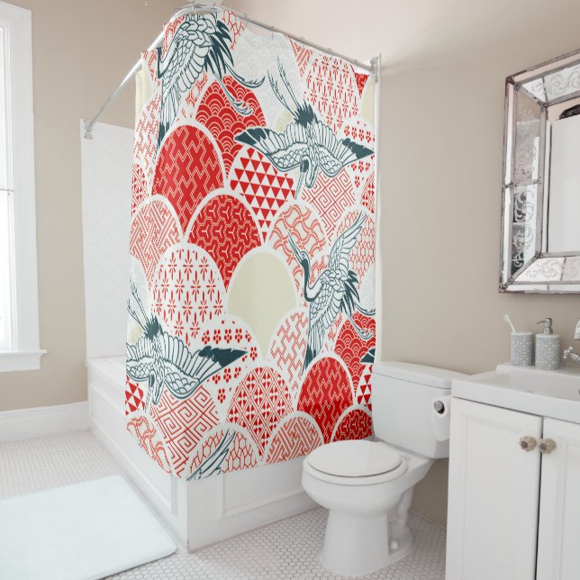 Rideaux De Douche Antique Rouge Blanc Japonais Kimono Crane Bird (En situation)