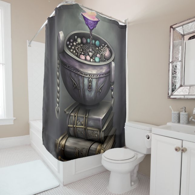 Rideaux De Douche Antique Steampunk Cauldron | Pile de Spellbooks (En situation)