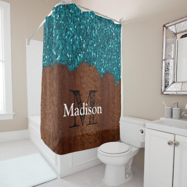 Rideaux De Douche Aqua bleu étincelle bois brun rustique Monogramme (En situation)