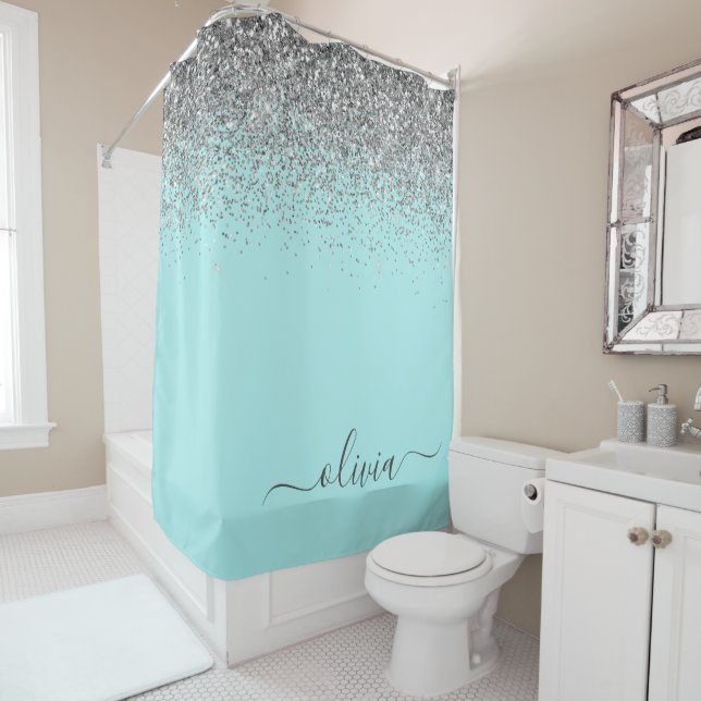 Rideaux De Douche Aqua Bleu Sarcelle Argent Paillettes Monogramme (En situation)
