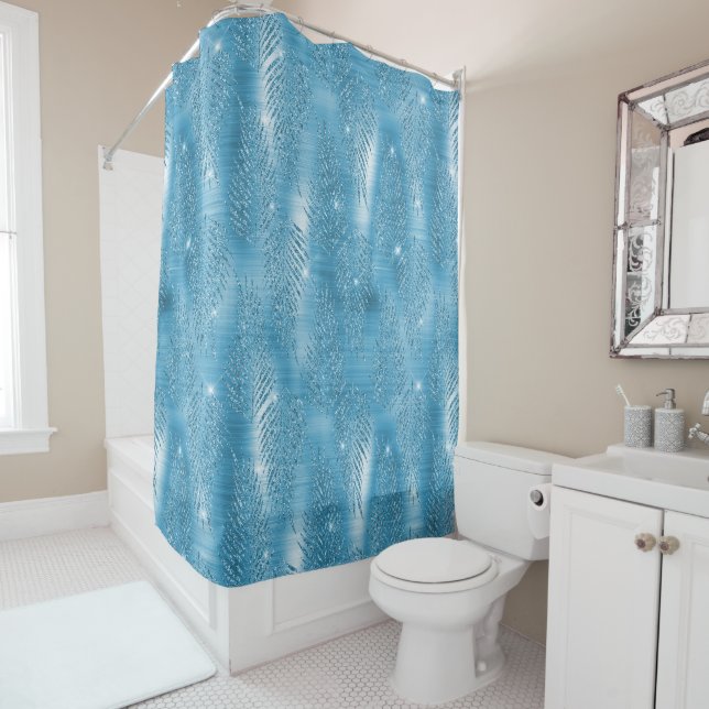 Rideaux De Douche Aqua Blue Glam Parties scintillant feuilles tropic (En situation)