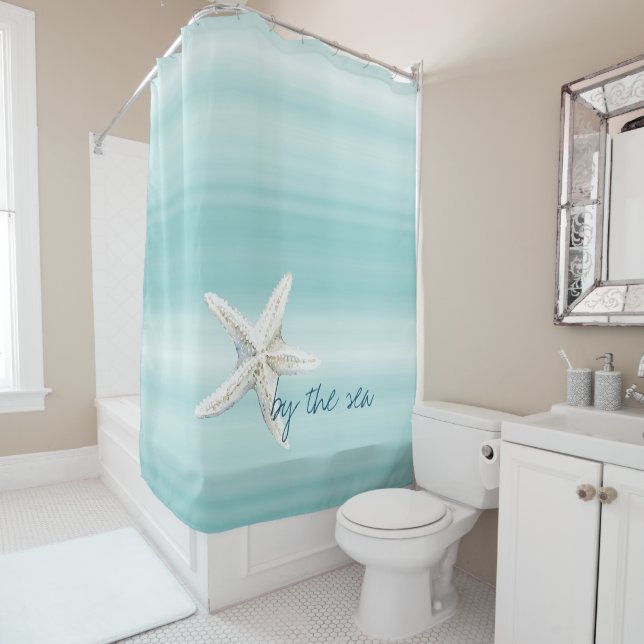 Rideaux De Douche Aqua Blue White Beach Starfish       (En situation)