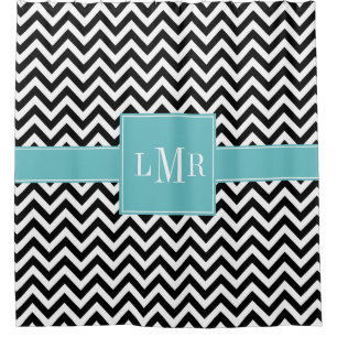 Rideaux De Douche Aqua et Chevrons noirs Monogramme