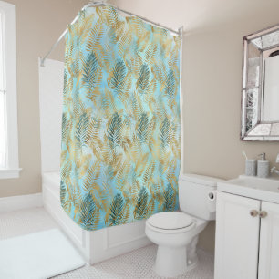 Rideaux De Douche Aqua Sky Green Gold Feuilles tropicaux