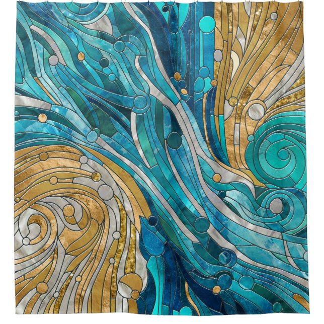 Rideaux De Douche Aquamarine River Mosaic Art Abstrait (Devant)