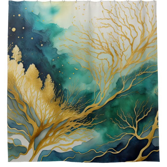 Rideaux De Douche Aquarelle Abstraite peinture de paysage or (Devant)