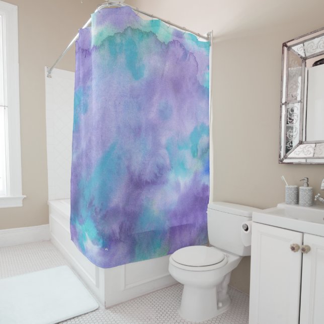 Rideaux De Douche Aquarelle Abstraite violet violet violet vert Turq (En situation)