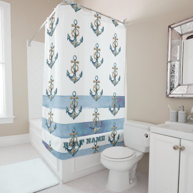 Rideaux De Douche Aquarelle Ancre marine Bleu clair rayures (En situation)