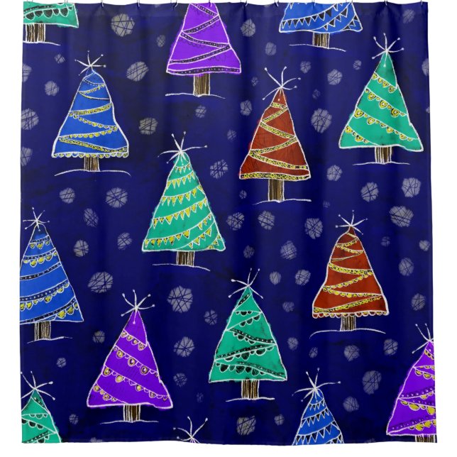 Rideaux De Douche Aquarelle Arbres de Noël : Motif forestier. (Devant)