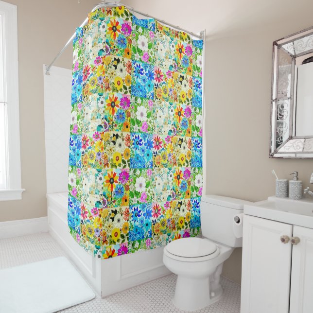 Rideaux De Douche Aquarelle Art Patchwork Floral Fleurs (En situation)