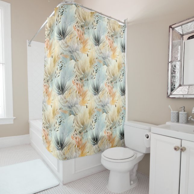 Rideaux De Douche Aquarelle Bleu Abricot Jaune Beige Printemps (En situation)