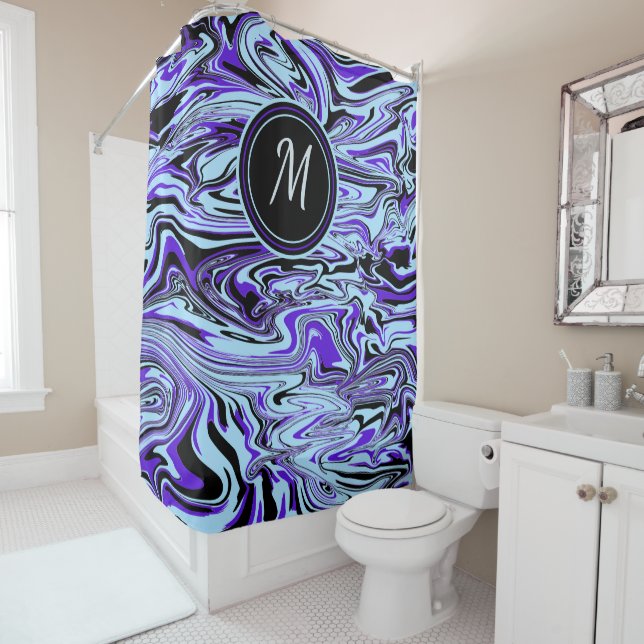 Rideaux De Douche Aquarelle bleu élégant Abstrait Monogramme personn (En situation)