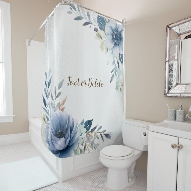 Rideaux De Douche Aquarelle bleu foncé Fleurs Argent Élégant (En situation)