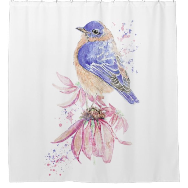 Rideaux De Douche Aquarelle Bleu Jardin Oiseau Animal Nature Art (Devant)
