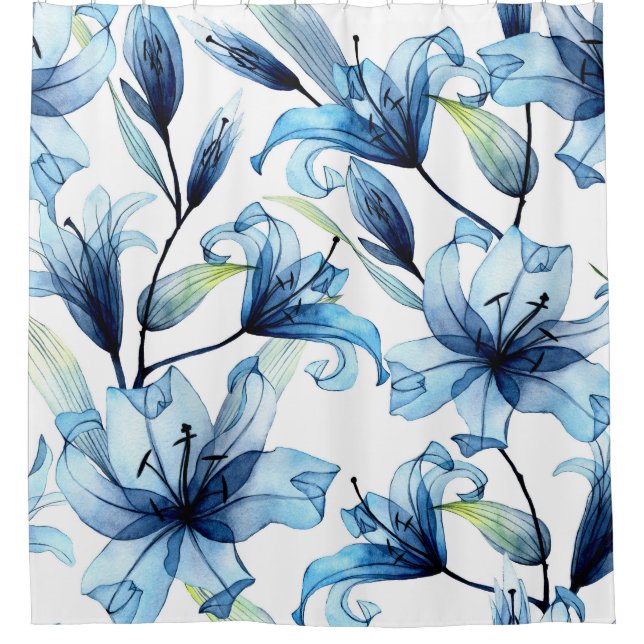 Rideaux De Douche Aquarelle Bleu Lys Floral Impression (Devant)