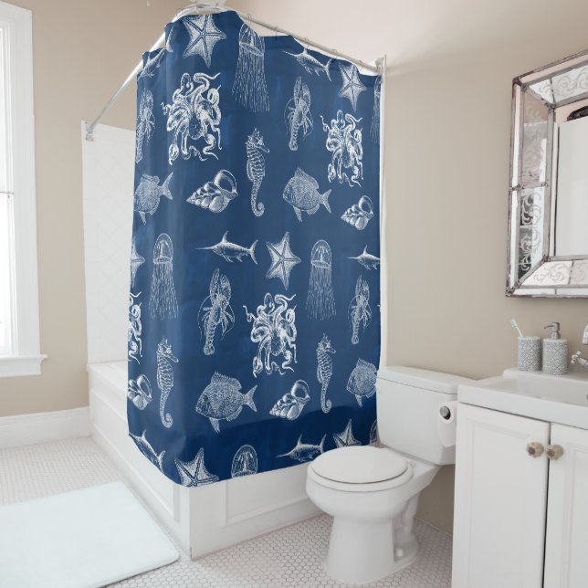 Rideaux De Douche Aquarelle bleu marine Océan Animaux marins (En situation)