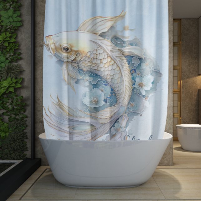 Rideaux De Douche Aquarelle bleu or Koi poisson personnalisé (Blue Watercolor Gold Koi Fish Personalized Shower Curtain)
