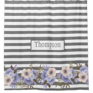 Rideaux De Douche Aquarelle bleu-poussiéreux monogramme rayures flor