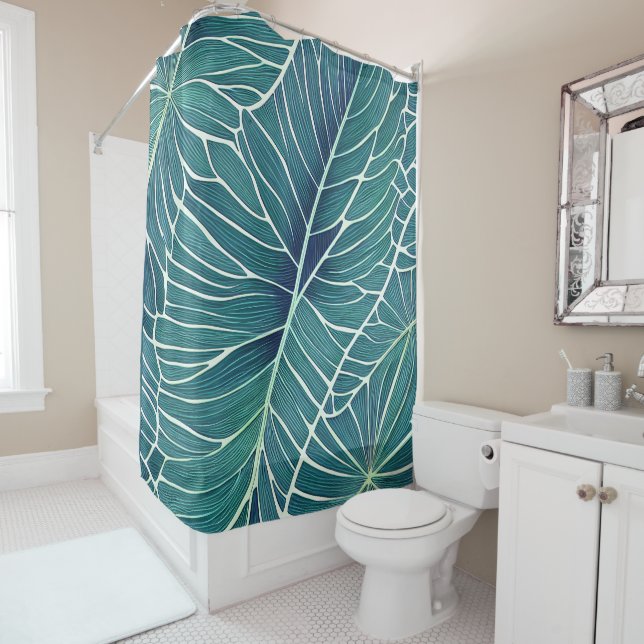 Rideaux De Douche Aquarelle Bleu Vert Turquoise Feuilles tropicaux (En situation)