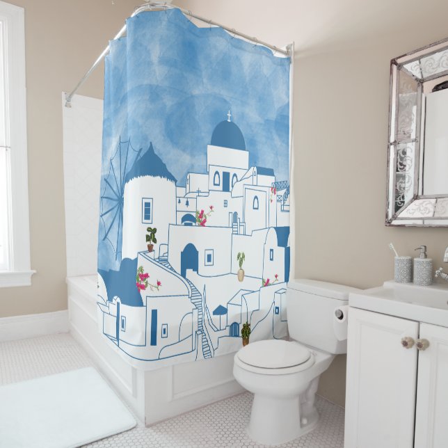 Rideaux De Douche Aquarelle bleue et blanche Santorin Grèce (En situation)