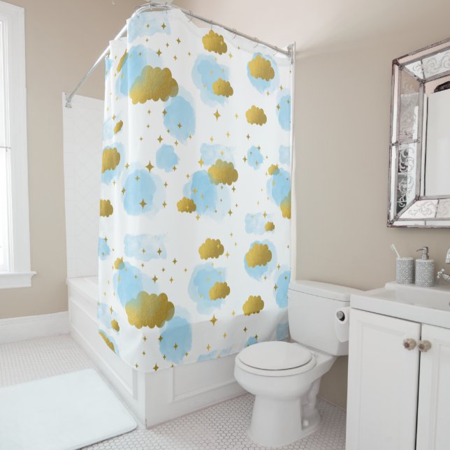 Rideaux De Douche Aquarelle bleue Nuages Gold Stars Sky (En situation)
